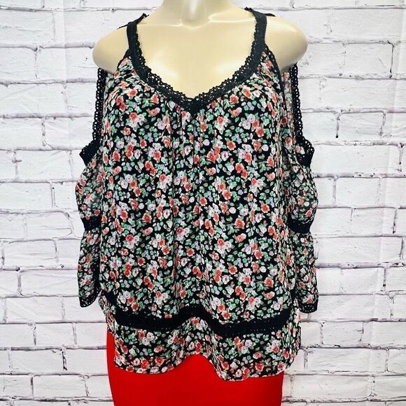 Rebecca Minkoff Womens Multicolor Floral V-Neck Cold-Shoulder Top Size XS - Picture 2 of 7